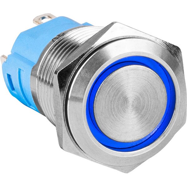 Main product image for SPDT Latching 16mm Stainless Steel Tamper/Waterproof Raised Push Button Switch with Blue Ring060-958
